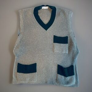 Sibel Saral Cashmere Cotton Sweater Vest Womens Small Gray V Neck Ribbed Pockets